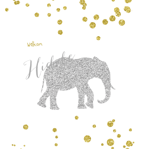 mooi geboortekaartje met goud en zilver olifantje