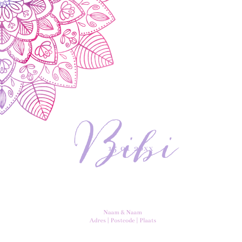 Geboortekaartje met mandala in paars en roze