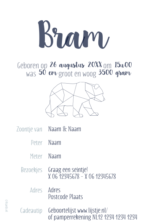 Stoer geboortekaartje met geometrische beer