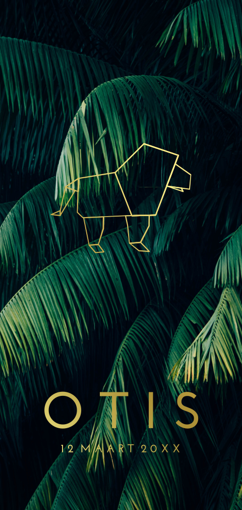 Goudfolie geboortekaartje jungle origami leeuw