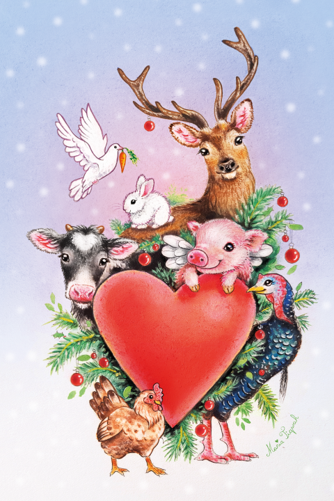 Kerstkaartje met dieren om een hart