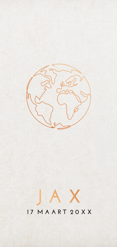 Koperfolie geboortekaartje lijntekening wereldbol