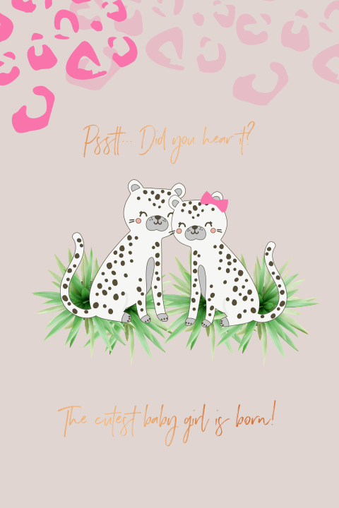 Geboortekaartje met sneeuwluipaardjes en roze panterprint