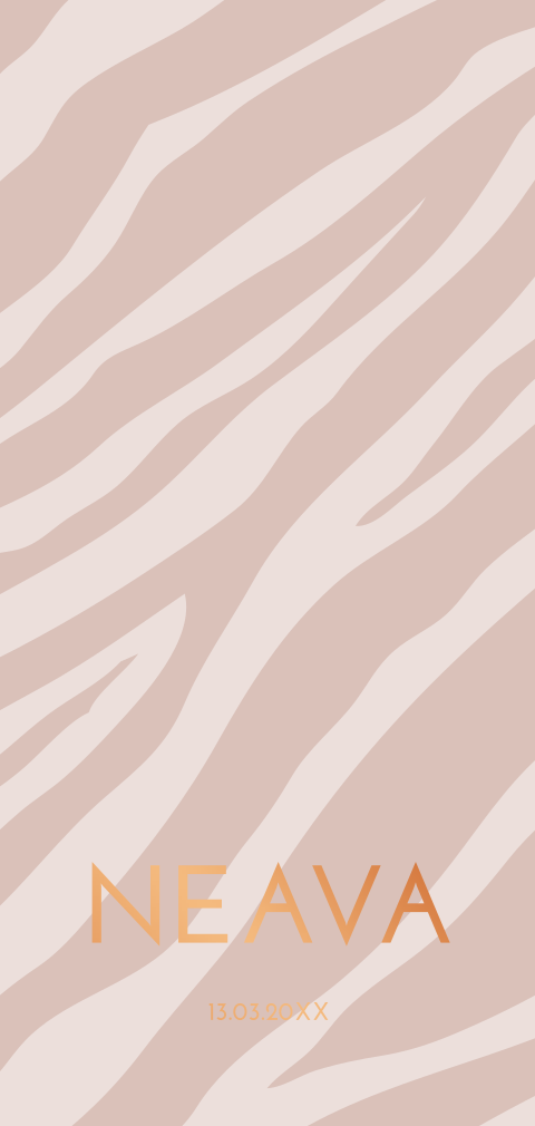 Koperfolie geboortekaartje met zebraprint in terratinten