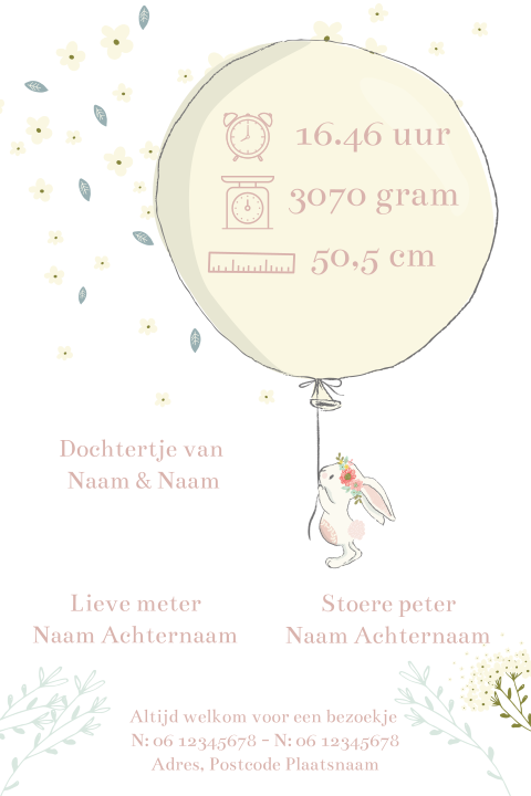 Geboortekaartje met ballonnen en konijntjes
